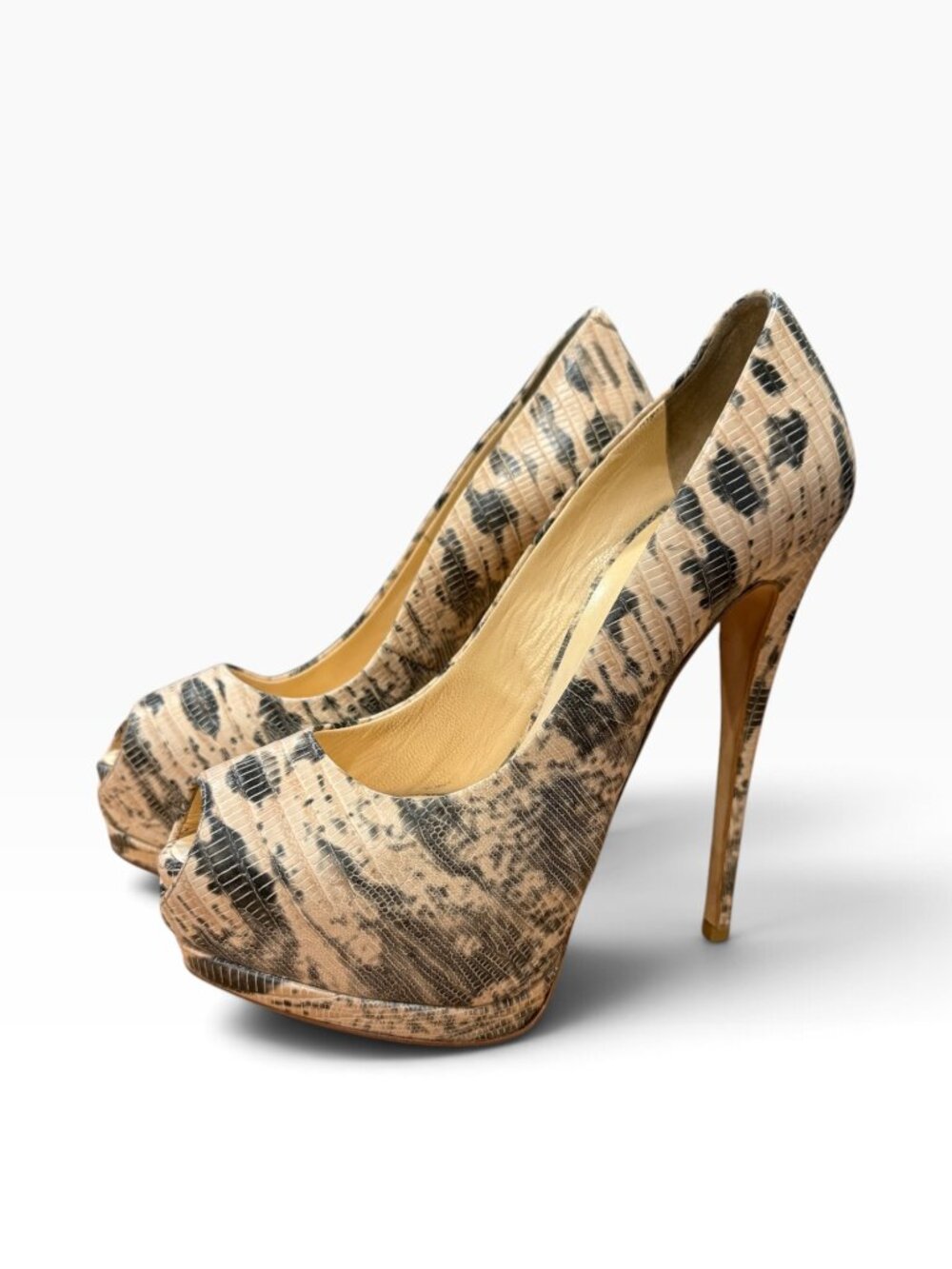 Giuseppe Zanotti Snake Print Peep-Toe Platform High Heels 36 1/ Beige/Black EUC